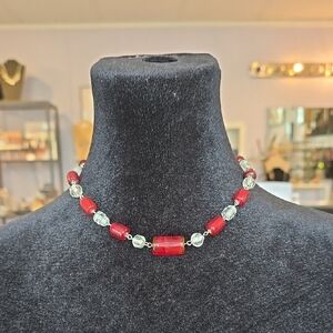 Brand New! Handmade Clear & Red Glass Beaded Necklace